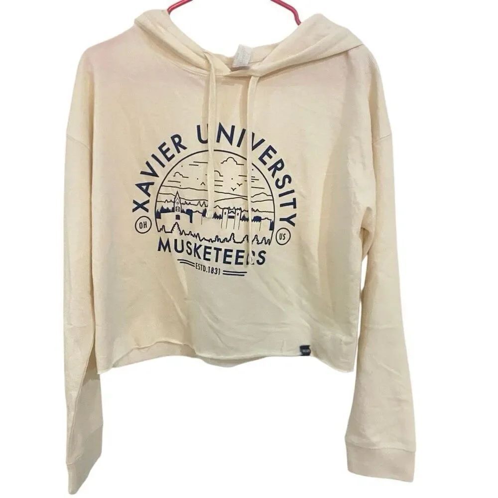 US Cape apparel Xavier university medium cropped hoodie sweater cream blue